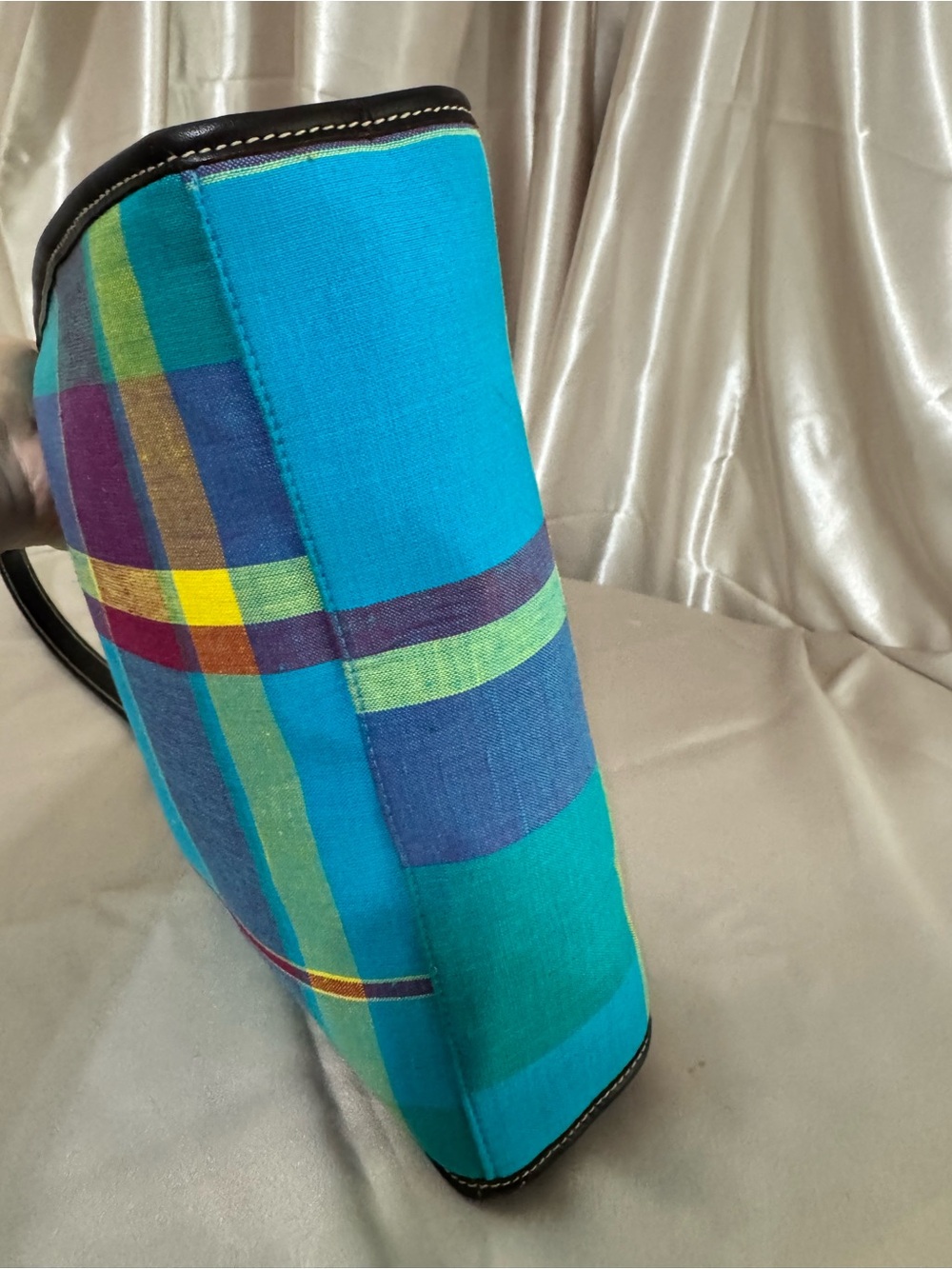 Lauren Ralph Lauren Teal Plaid Shoulder Bag with leather Trim - Picture 6 of 16